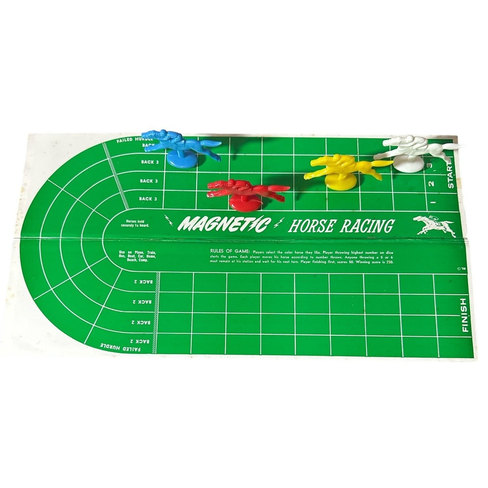 Vintage Magnetic Horse Racing Game 1968 Travel Toy Green RARE 4 Horses Die Board